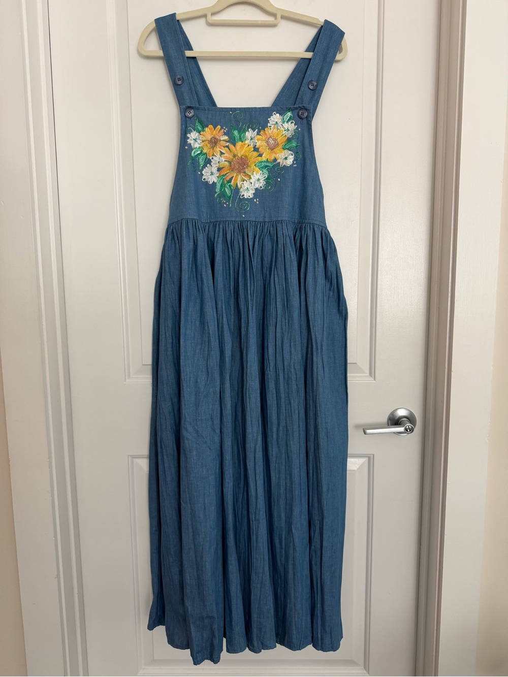 Vintage HandPainted Blue Denim Maxi Pinafore Dress Americana Country Cottagecore